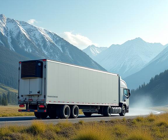 Refrigerated transport trailer carrying fresh produce through Colorado mountains
